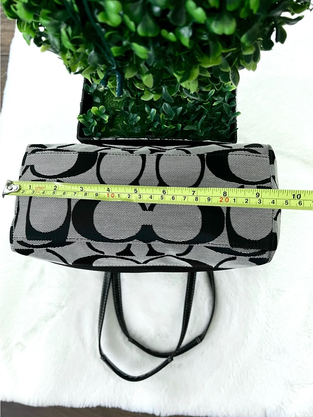 Coach Signature Stripe Tote Light Gray Black With Patent Leather